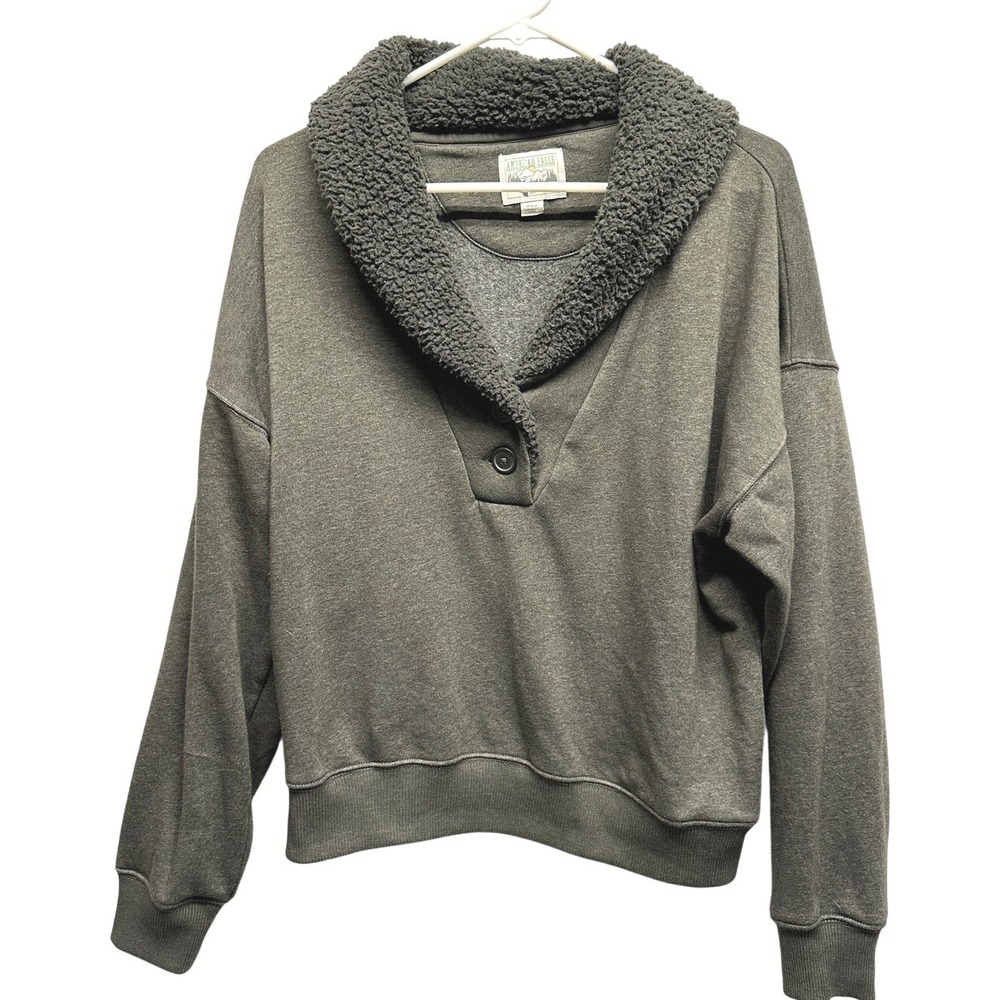 American Eagle Sherpa Collar Pullover Sweatshirt M Olive Green Cozy‎ Button Neck